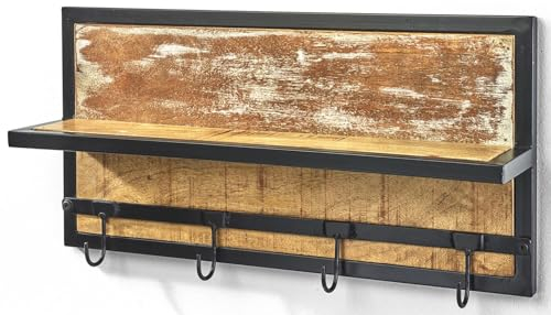 Kobolo Garderobe Wandregal Wandgarderobe aus Metall und Mangoholz - mit 4 Haken