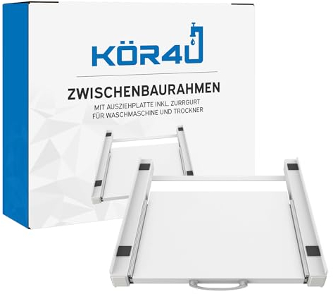 kör4u Zwischenbaurahmen weiß, mit Ausziehplatte, für Waschmaschine und Trockner, Stahl, 60,5x54,5cm, inkl. Zurrgurt weiß