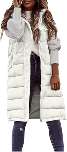 Chaleco Largo para Mujer sin Mangas Ligero Acolchado Chaqueta Acolchada con Capucha para Invierno (Blanco,XL)