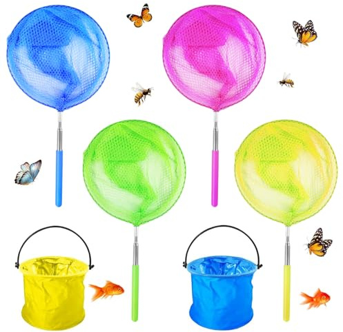 Realure 4 Pcs/4 Colours Extendable Fishing & Butterfly Nets with 2 Foldable Water Buckets Set 38cm to 86cm Insect & Fish Catcher Colorful Telescopic Butterfly Net for Children Kids Beach Ponds Pool