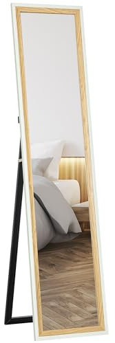 HOMCOM Espejo de Pie Cuerpo Entero 157x37 cm, Espejo Grande de Pared con Marco Bicolor, de Pie, Inclinado o Colgante, para Salón, Dormitorio, Pasillo, Entrada, Blanco y Natural Oscuro