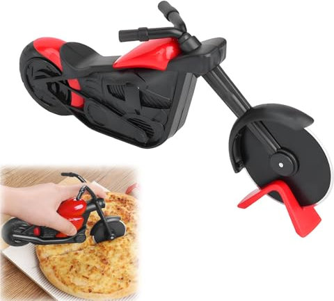 BRIOTA Cortador de pizza de motocicleta, divertido cortador de pizza, acero inoxidable, plástico, cortador de pizza, cortador de pizza, cuchillo para Navidad, cumpleaños regalos (22 x 12 cm, negro y