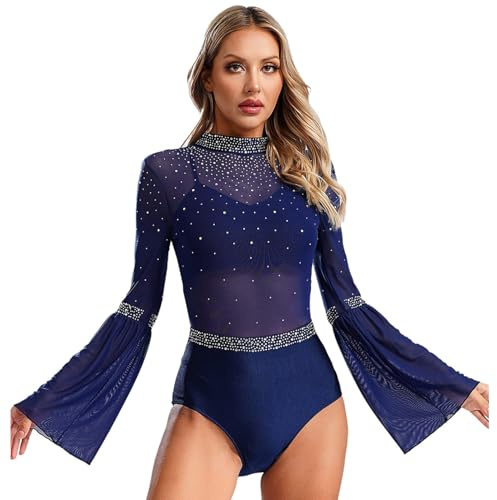 dPois Body da Ballo Latino Americano Donna Manica Svasata Balletto Leotards Body Danza Classica Moderna Abito da Pattinaggio Artistico Bodysuit da Allenamento Dancewear Blu scuro M