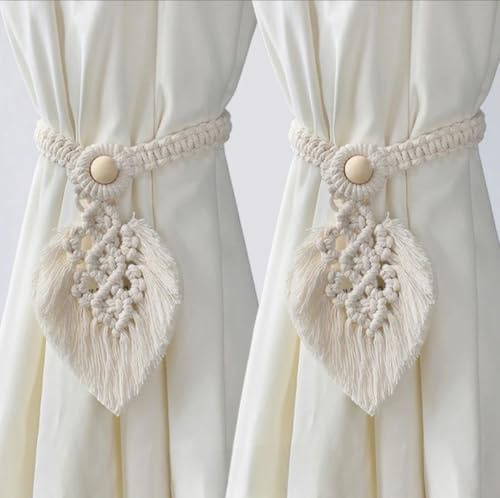 Boho Macrame Curtain Tiebacks with Button 2 Pack Handmade Cotton Rope Holdbacks for Curtains Decorative Bohemian Window Accessories