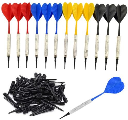 KEQAR 12 Dardos Profesionales con Punta de Plástico, Set de Dardos Soft con 36 Puntas de Dardos de Plástico para Juegos en Interior, Niños (14g)