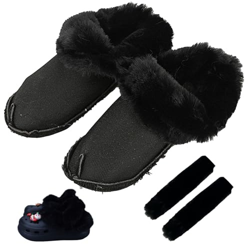 KASESSS Semelles Intérieures de Rechange pour Sabots Crocs, Cheveux Longs Doublure Chaude, Couverture À Lacets, Doublure Amovible pour Chaussures d'Hiver, Longueur Interne de la Semelle 240 mm, Noir