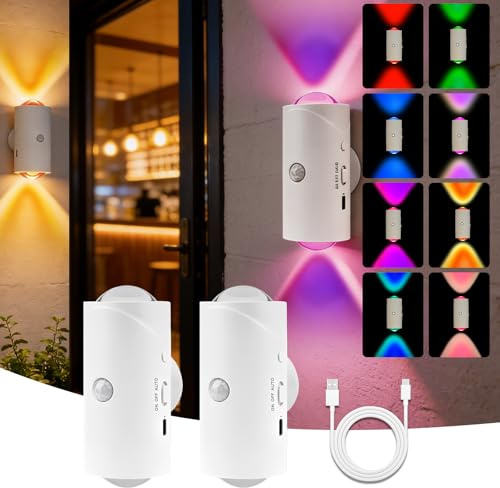 2pcs Aplique de Pared Interiores con Sensor de Movimiento, Lámparas de pared, 7 Colores, Blanco Luz pared Recargable USB, Luz Nocturna Magnético para Dormitorio, Salón, Escalera, Pasillos, Armarios