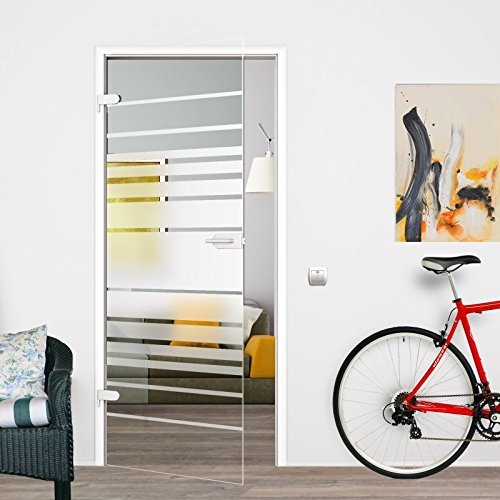 BM4-709L-PZ: Glasdrehtür, ESG Glas 709x1972x8mm, DIN links, Siebdruck M4, mit Beschlag inkl. Aufnahme für Profilzylinder OHNE Profilzylinder