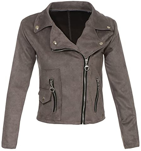 malito damjacka – velourjacka – bikerjacka med dragkedja – konstläder – lätt jacka 19617, GRÅ, XL