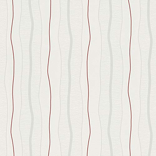 Weiße Vliestapete gestreift | Esszimmer und Wohnzimmer Tapete mit dünnen Streifen in Rot und Grau | Moderne Streifentapete mit Linienmuster