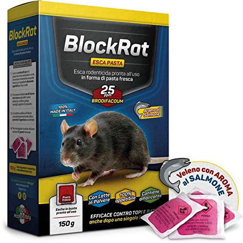 Veleno per Topi Professionale, Esca Topicida Ratticida in Bustine di Pasta Fresca, Novità Aroma al Salmone, Rodenticida Potente Rosso, Uso Esterno ed Interno, 100% Made in Italy - BlockRat 150 g
