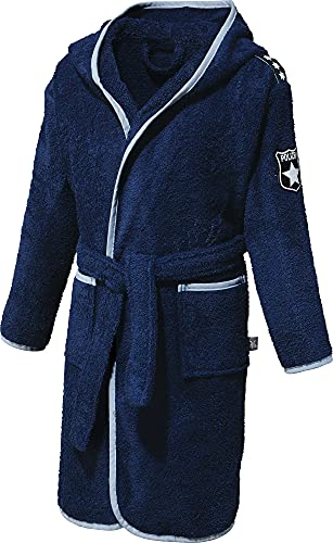 Erwin Müller Kinder-Bademantel Polizei - saugstark, mit Kapuze und aufgesetzten Taschen - hellgrau-dunkelblau Größe 110/116