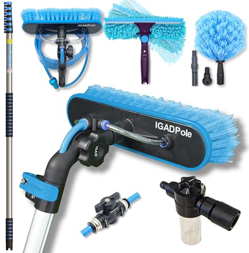 IGADPole 24ft(7m) Washing Kit: Water-fed Brush, Cobweb Duster and 10” (25cm) Squeegee and Soap Dispenser, Window Cleaning Pole, Water Fed Telescopic Brush, Window Cleaner Equipment