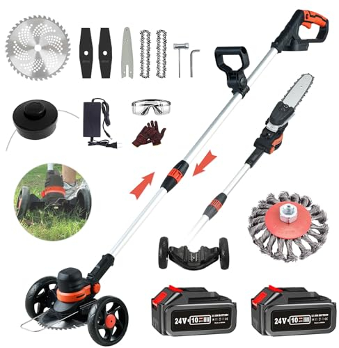 Akku Rasentrimmer mit Akku und Unkrautbürste, 24V- Akku Rasentrimmer, 5 in 1 rasentrimmer, 23cm Schnittbreite, Brushless Motor, 7500R/min für Garden,Unkraut,Rasen,Zweig