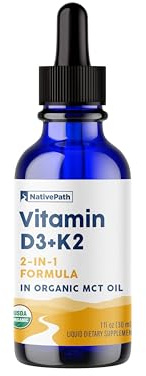 NativePath D3K2 Tincture – 2000IU Vitamin D3 and Vitamin K2 Supplement with Organic MCT Oil – 1 Fluid Ounce – Rapid Bioavailability Multi-Vitamin for Bone Strength and Total Body Wellness, 30 Servings