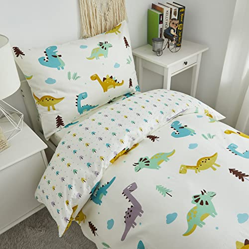 HMtideby Dinosaur Toddler Kids Bedding Set for Girls and Boys, Cream Cot Bed Duvet Cover with Pillowcase, 2 pcs, 120 x 150 cm