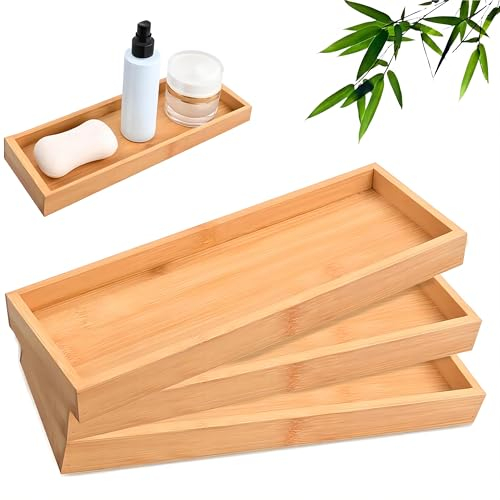 3 Piezas Bandejas de Bambú Natural -28*10*3 cm- Bandejas Rectangular de Madera para Velas Perfumes, Platos Decorativo de Bambú para Té Café, Bandeja Rustica para Decoración del Macetas/Mesa