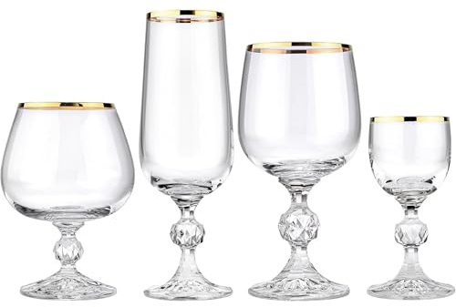 Crystalex Bohemia Claudia Golden Celebration 24-Piece Glassware Set | Premium Lead-Free Crystalline with 14K Gold Rim | Elegant Diamond Cut Stem | Glasses for Wine, Champagne, Brandy & Liqueur