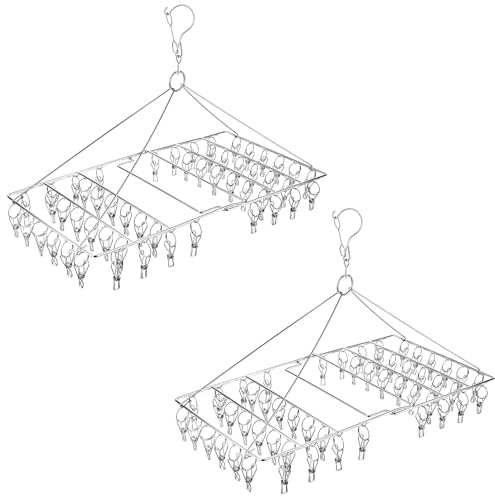 Skroad 2 Pack Large Collapsible Clothes Drying Hanger, Stainless Steel Metal Laundry Drying Rack for Sock, Diapers, Underwear, Lingerie, Hat, Mask and Herbs (Total 104 Clips)