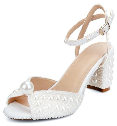 Goolita Pearl Heels For Women Mid Block Ankle Strap Heeled Sandals Round Open Toe Party Evening Bridal Shoes For Wedding