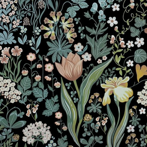 LiKiLiKi Selbstklebende Tapete 44x1000cm Schwarz Blumen Klebefolie Möbelfolie Vintage Blätter tapete Wasserdicht Abwaschbar Mustertapete für Küche Badezimmer Wohnzimmer