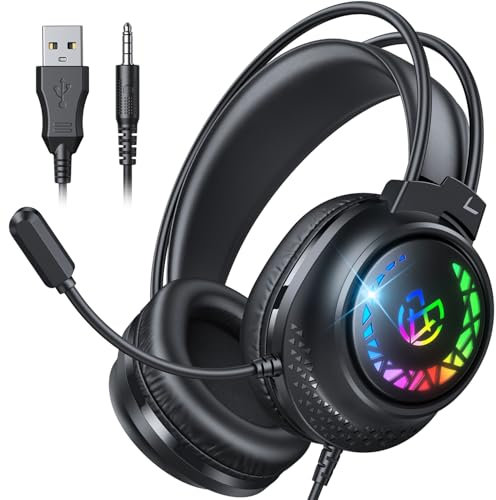 Tatybo Casque Gaming pour Ps5 PC Ps4, Casque Gamer Super-léger 285g avec Microphone, Haut-parleurs de 50mm, Bass Profondes, Lumières RGB, Casque Headphones pour Enfants et Adultes, Noir