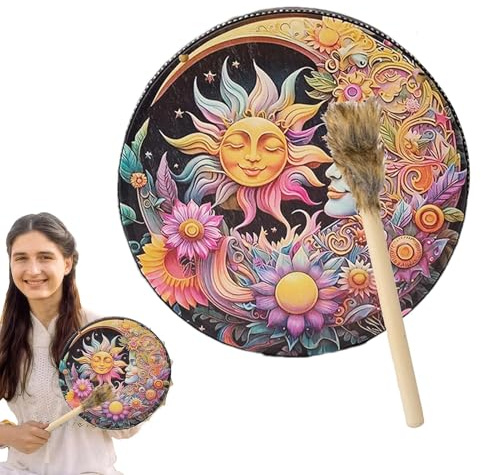 Handtrummor för vuxna - shamanisk handtrumma, PU-lädertrumma | Grosttonade shamanverktyg, andliga musiktillbehör, inklusive vintage trähammare, perfekt för ceremo