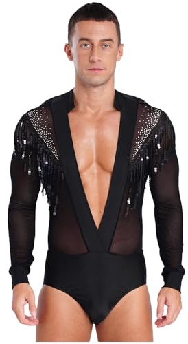 CHICTRY Camicia Body Uomo Ballo da Sala e Danza Standard Body da Pattinaggio Artistico Strass Leotards Manica Lunga in Rete Camicetta da Ballo Latino Americano