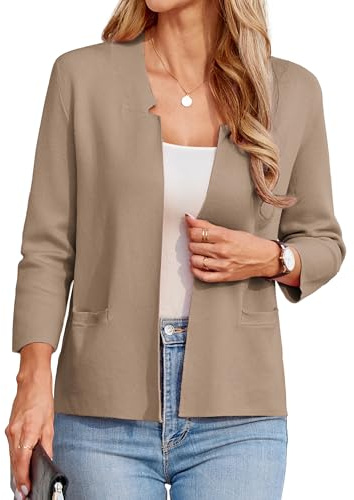 GRACE KARIN Women's Casual Knit Blazers Notched Collar Work Office Blazer Jackets Open Front Cropped Shrugs for Dress L Khaki