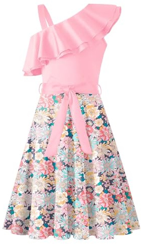 Arshiner Niñas Vestido Un Hombro Niños Verano Elegantes Festivo Escote con Volantes Vestido Sin Mangas Vestidos de Fiesta para Niñas 11-12 Años