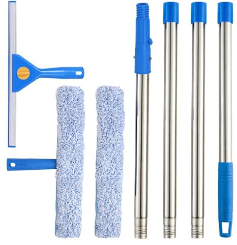 61 Window Cleaning Equipment with Long Handle, 35cm Window Squeegee and 38cm Scrubber Set with Long Poles, Professional Window Cleaner Tool for Washing Home Outdoor Use