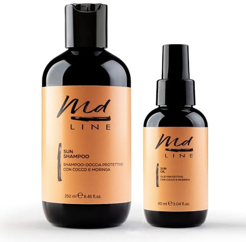 md LINE Protezione Solare Capelli sun Kit OFFERTA Doccia Shampoo Doposole + Oil Spray Protettivo Cocco, Acai e Moringa – Protettore Sole, Mare e Cloro, Idea Regalo Estate, Cura Naturale Made in Italy