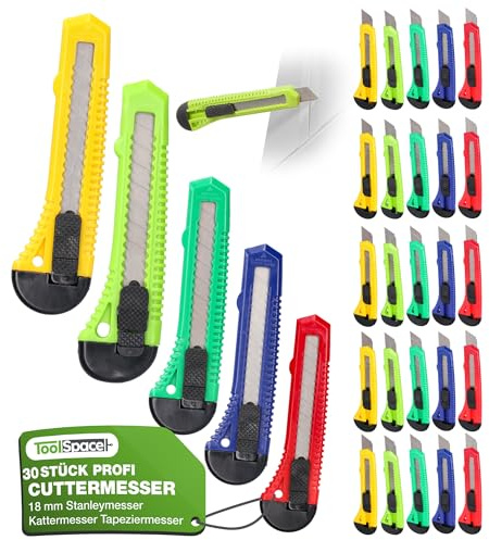 ToolSpace Set 30 Coltelli da Taglio 18 mm 30x Coltelli per Moquette Lama Affilata a Spezzare Robusti Professionali Cutter Universale Taglierino da Cantiere e Tappezziere Fai da Te Migliori dei Stanley