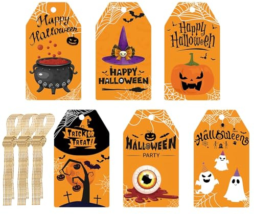 ZYDYRX 60 étiquettes cadeaux Halloween avec corde de chanvre, étiquettes en papier, étiquettes sucrées ou acides, pour emballage cadeau, cadeau d'Halloween, sacs de bonbons, orange A