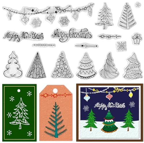 Threetols Christmas Theme Clear Stamps for Card Making, Christmas Tree Snowflake New Year Words Silicone Stamps for Holiday Card Making Decor DIY Scrapbooking Transparent Album Decor Paper Craft