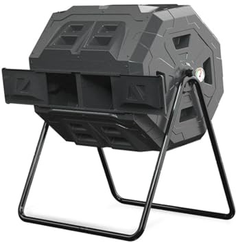 Bidone per compostaggio da 160 l con termometro, compostiera rotante a doppia camera, telaio in acciaio per un efficiente compostaggio da giardino, nero