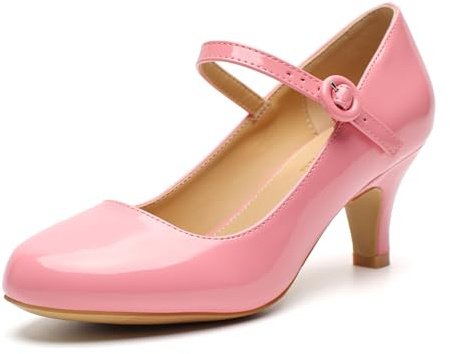Women's Vintage Mary Jane Pumps Kitten Heels Closed Round Toe Low Heel Ankle Strap Retro Heels Office Work Wedding Shoes Light Pink US8.5