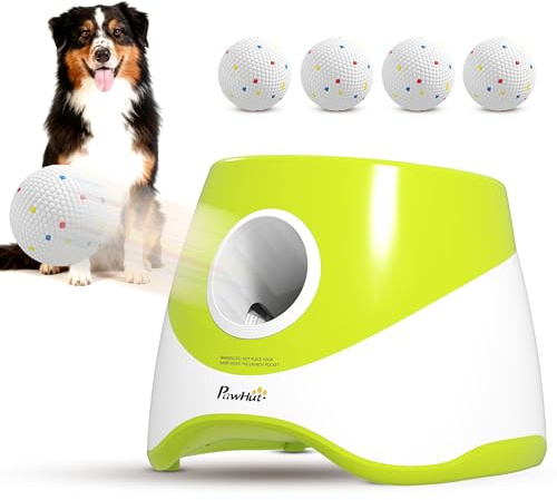 PawHut Automatic Dog Ball Launcher with 5 ETPU Balls, Dog Ball Thrower with 3 Distance Settings (20/33/46ft), Indoor Outdoor Interactive Toy for Small Medium Dogs, Green