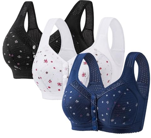 3 Pcs Front Fastening Bras for Women UK Soft & Comfortable Cotton Bra Wireless Snap Closing Ladies Bras Plus Size Front Clasp Wireless Cotton Vest Bra for The Elderly Everyday Zero Feel Bralettes