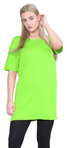 janisramone® Womens Short Sleeve Tunic T Shirts, Round Neck Oversized T Shirts for Women UK, Soft Comfortable Pj Dress, Perfect Summer Longline Ladies Tops Neon Green