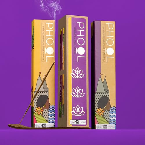 Phool Pack med 2 naturliga rökelsepinnar, meditationspaket (80 organiska Agarbatti- Nagchampa och Patchouli) | Special Navratri & Gudi Padwa-paket | gratis trästativ |Svavelfri | 100 % ekologisk.