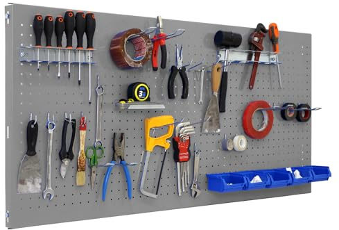 SimonRack Werkzeugwand, 30 teiliges Hakenset, 150x60x3,5 cm, Metall-Lochwand, Halterungen, Montagematerial, Grau - Simonwork