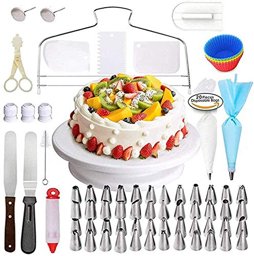 LTLCLZ 94 Teiliges Spritztüllen Set Profi Tortenplatte Drehbar Mit 48 Spritztüllen Set, Spritzbeutel, Tortenständer, Dekorierstift, Tortenmesser, Glätter Spatel Usw Für Torten, Kuchen