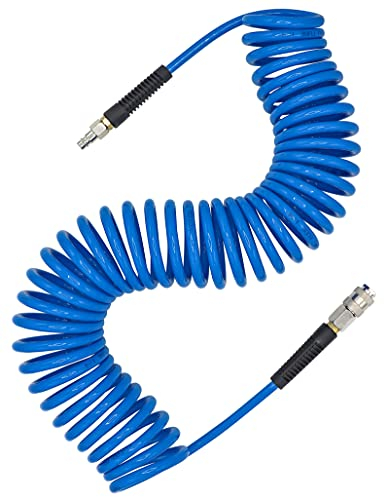 YOTOO Air Compressor Hose Polyurethane Recoil 10m Long 6mm ID x 9.5mm OD with Bend Restrictor, 1/4 Europe Quick Coupler and Plug, Blue