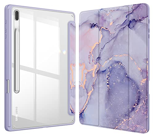 Fintie Hybrid Hülle für Samsung Galaxy Tab S8 Plus 2022/Tab S7 FE 2021/Tab S7 Plus 2020 12.4 Zoll - Stoßfeste Abdeckung mit Transparent Klar Hartschalen Rückseite Schutzhülle, Lila Marmor