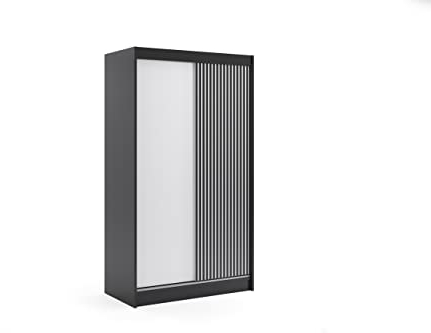 ALTDECOR Kleiderschrank mit Lamel-Schiebetüren, Führungsschienen und Aluminium- Leisten, LED-Beleuchtung und Fernbedienung - VILAN - 120 cm Schwarz + Lamelle schwarz