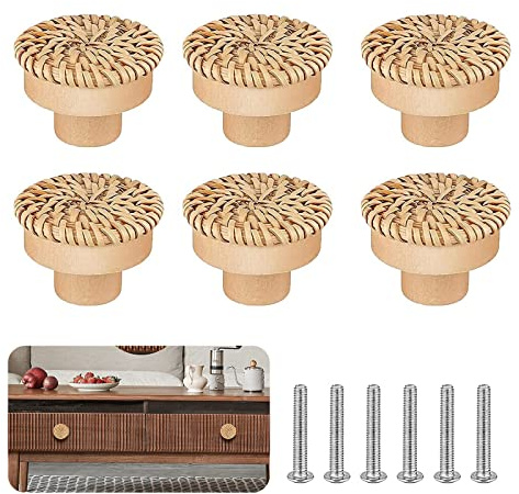 FAINCA 6 Pezzi Pomelli per Mobili, Maniglie per Mobili in Rattan Mobili Legno Manopole Rotonde in Legno con Viti per Mobili e Armadi Cassetti in Legno Cassettiera Cucina (40 x 30 MM)