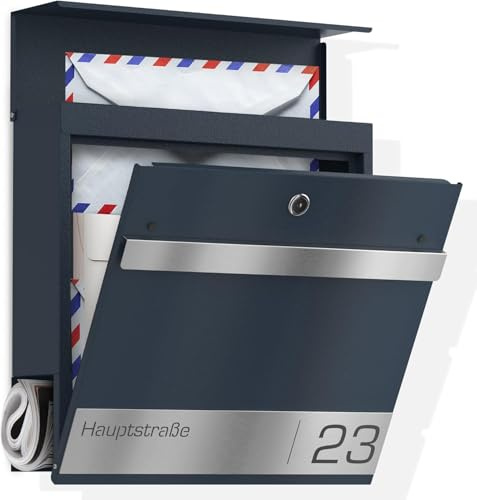 Graviers Design Boîte aux lettres avec rouleau à journaux en anthracite RAL 7016 – personnalisée en acier inoxydable gravé au laser, nom de rue, numéro de maison, Boîte murale avec serrure