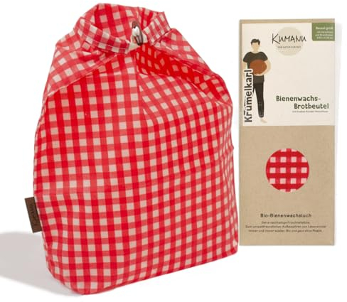 Kumanu | Bio-Bienenwachstuch - Brotbeutel KRÜMELKARL | H 35cm x B 29cm | mit Standboden und Verschluss |natürlich und plastikfrei frischhalten | handgemacht in Tirol (rot kariert)