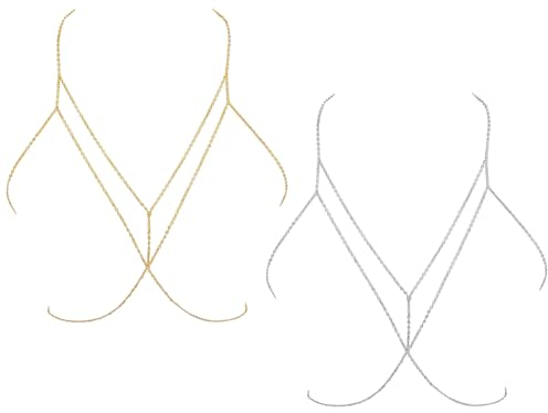 Bikini Body Chain, 2 Stück Kristall-Körperkette in Gold und Silber, sexy Kreuzbrustkette, Zubehör für Partys und Nachtclubs